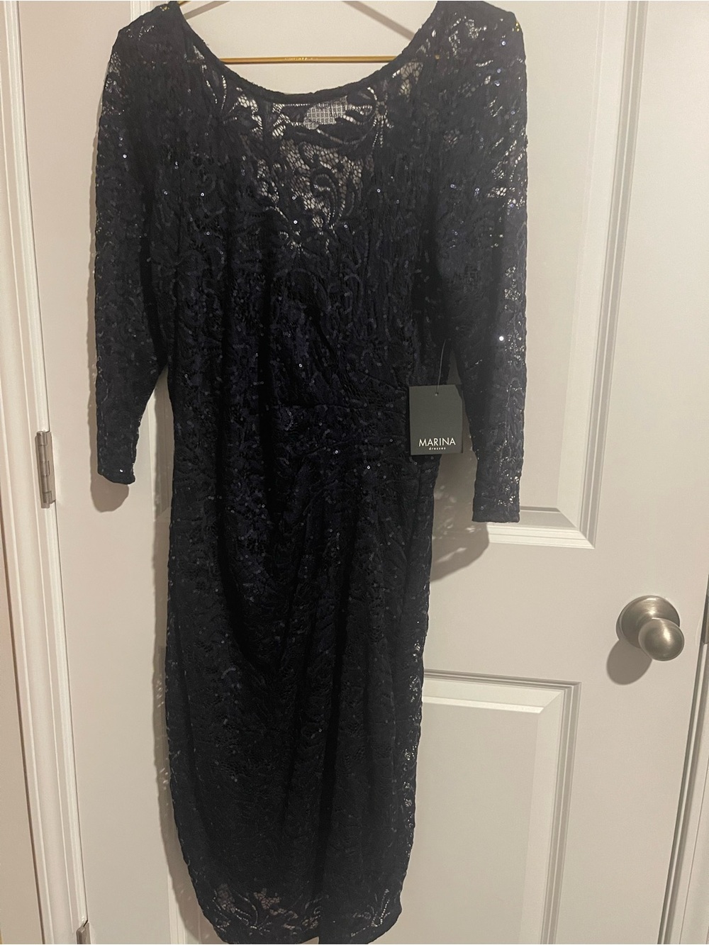 MARINA L Navy Blue 3/4-Sleeve Lace Knee Length Dress with sparkle spangles 20P-P